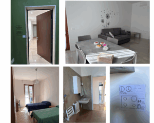 Alcune immagini dell'alloggio inaugurato a Sannazzaro nel marzo 2025: ingresso, salotto, camera, bagno, istruzioni semplificate per l'utilizzo di elettrodomestici, che facilitano l'autonomia 