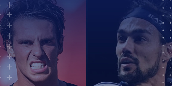 Particolare dalla locandina con fotografie dei due tennisti Filippo Baldi e Fabio Fognini